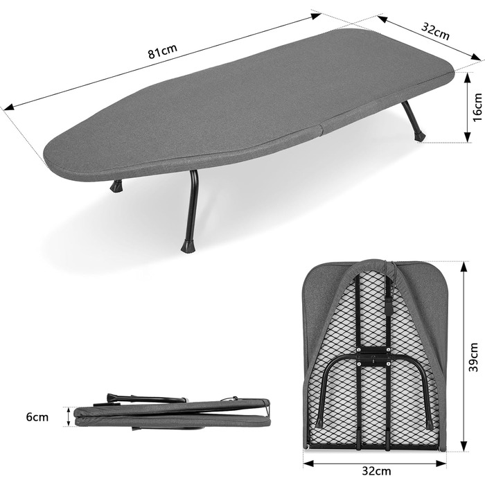 Відкидна прасувальна дошка з підставкою для праски, регульована по висоті, з антиковзними ніжками, компактна (сірий, 81 x 32 x 16 см)