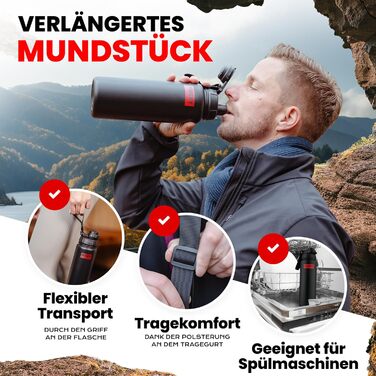 Stainless Steel Water Bottle with FREE Carrying Bag - 700ml - BPA-Free, Leakproof and Dishwasher Safe Thermo Insulated Bottle - Double-Walled Thermos Flask, Sports, Outdoor (Black Edition)