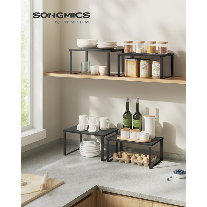 SONGMICS Spice Rack, 4-Piece Set, Kitchen Shelf, Kitchen Organizer, Expandable, Spice Holder, Stackable, with Metal Frame, 19.5 x 29.7 x 15.8 cm, Ink Black + Natural Beige KCS10NB (Ink Black + Ebony Black, 29.7B cm)