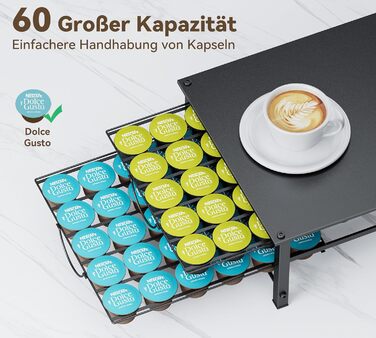 Тримач для капсул Dolce Gusto на 60 капсул, металева висувна шухляда, антиковзні ніжки, для кухні та офісу