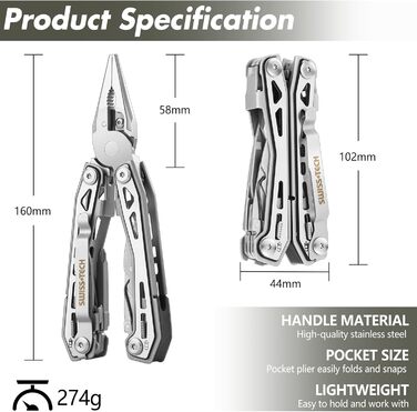 Мультитул Swiss+Tech 16 в 1: мультифункціональний інструмент з нержавіючої сталі з ножем, відкривачкою та кліпсою для ременя. Ідеально для кемпінгу та ремонту. З чохлом (Срібний)