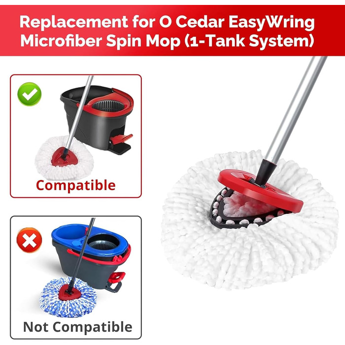 4 Piece Spin Mop Head Replacement for O Cedar Easywring 1 Tank, Spin Mop Microfiber Refill Head with 4 Sections 30-58 inches Mop Replacement Handle and 1 Cedar Mop Base (white (1 Tank System))