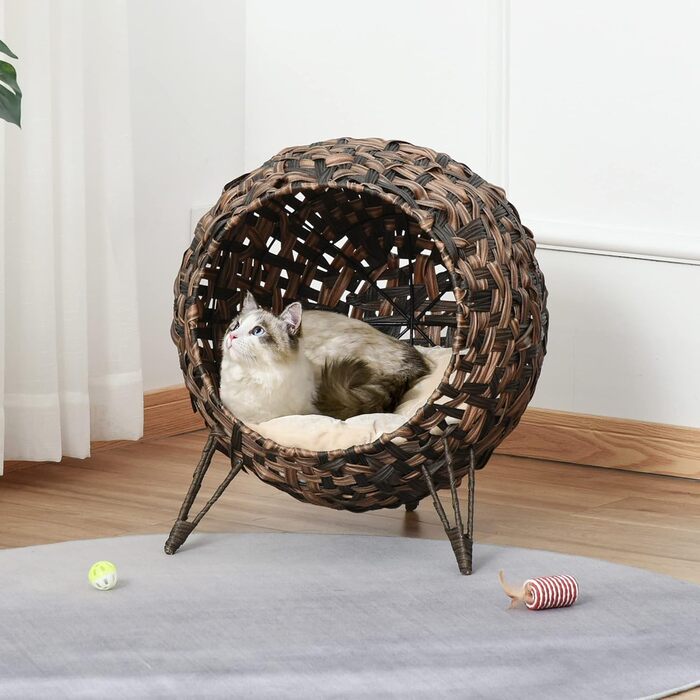 PawHut Rattan Cat House with Cushion, Cat Sleeping Place, Cat Cave with Raised Feet, Natural Ø52 x 58 cm (Brown)