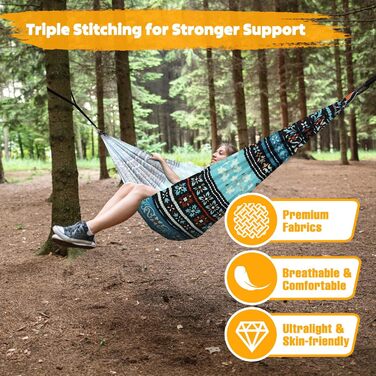 Гамак для кемпінгу NATUREFUN | Легкий, 300 кг, дихаючий, швидковисихаючий, нейлон, 2 карабіни, 2 петлі, армійний зелений (275 x 140 см, Богема)