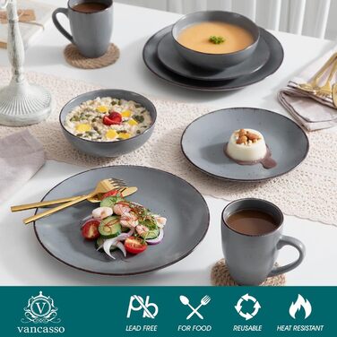 Tableware Stoneware, vancasso MODA Dinnerware Set, Vintage Look, 16-Piece Combination Service with 4 Dinner Plates, Dessert Plates, Bowls, and Cups Each Gray 16-Piece for 4 Gray