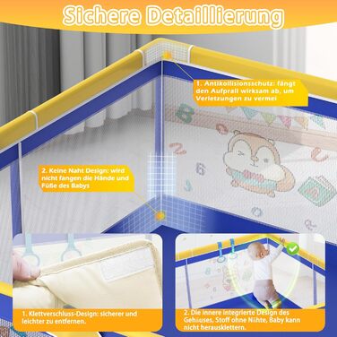 Дитячий манеж UISEBRT 150x180 см з 50 кульками, 4 кільцями, сумкою для перенесення, складаний, з дихаючою сіткою, синій з тваринами
