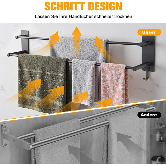 Тримач для рушників без свердління, 60 см, самоклеючий, з гачками, нержавіюча сталь, вологостійкий, для ванної кімнати та кухні (Чорний, 40 см)