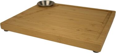 Bamboo Steak Board 2-Piece Set with Stainless Steel Sauce Containers and Juice Groove, Professional Wooden Serving Board for Meat, with 4 Non-Slip Feet, Dimensions: 30 x 25 x 3 cm