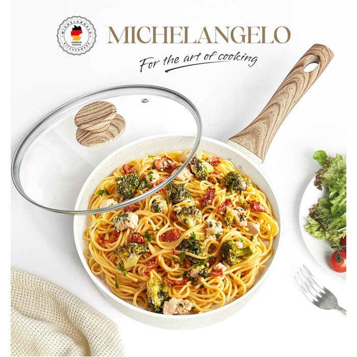 Сковорода з антипригарним покриттям Michelangelo з кришкою 28 см, глибока сковорода з кришкою, сковорода для тушкування 28 см, індукційна сковорода з антипригарним покриттям з м'якою бакелітовою ручкою, підходить для індукційних плит, чорна