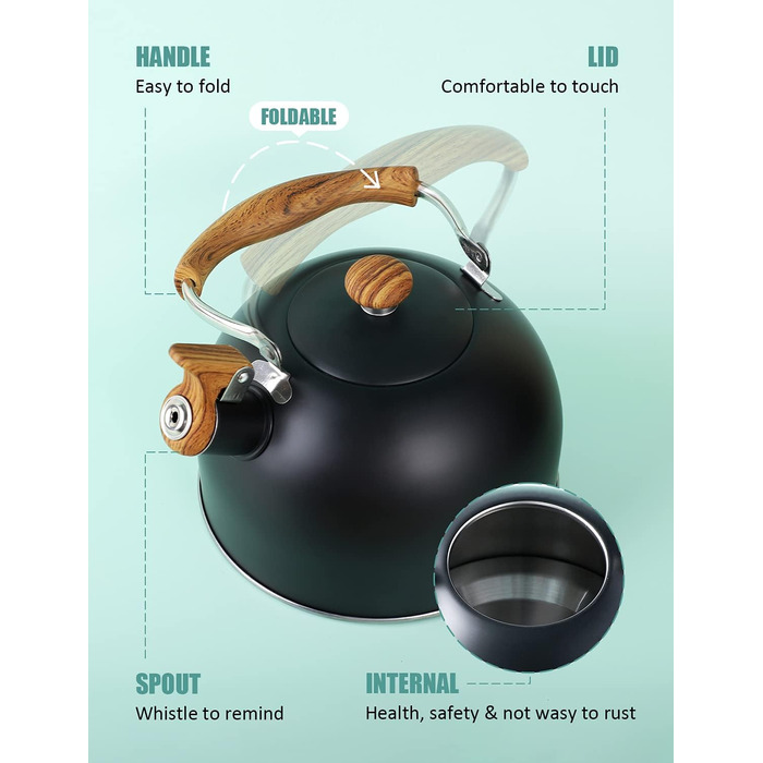 Чайник BELANKO з свистком, 2,5 л, нержавіюча сталь, з дерев'ястим малюнком, складаний ручка, для чаю, кави, молока – блакитний (чорний)