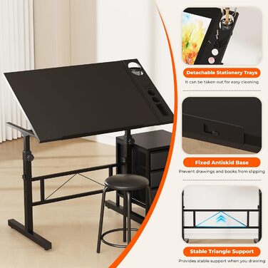 Adjustable Drafting Table with Tilt & Height - Drawing & Computer Desk with Stool & Storage - Wood Finish (Black + Storage Cabinet)