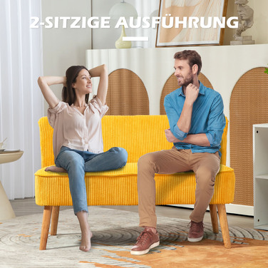 HOMCOM 2-Seater Sofa Upholstered Sofa Double Sofa Two-Seater Sofa Cord-like Polyester Foam for Living Room, Bedroom 117 x 56.5 x 77 cm Yellow | Aosom