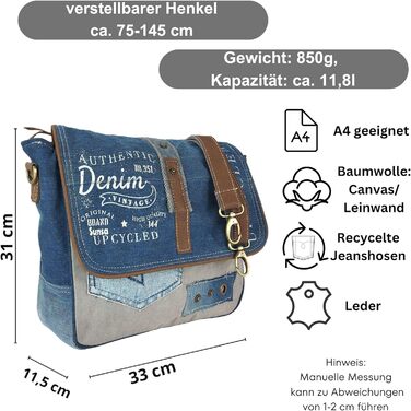 Сумка жіноча Sunsa через плече Canvas месенджер вінтажна велика синьо-сіра. Подарунок для жінок
