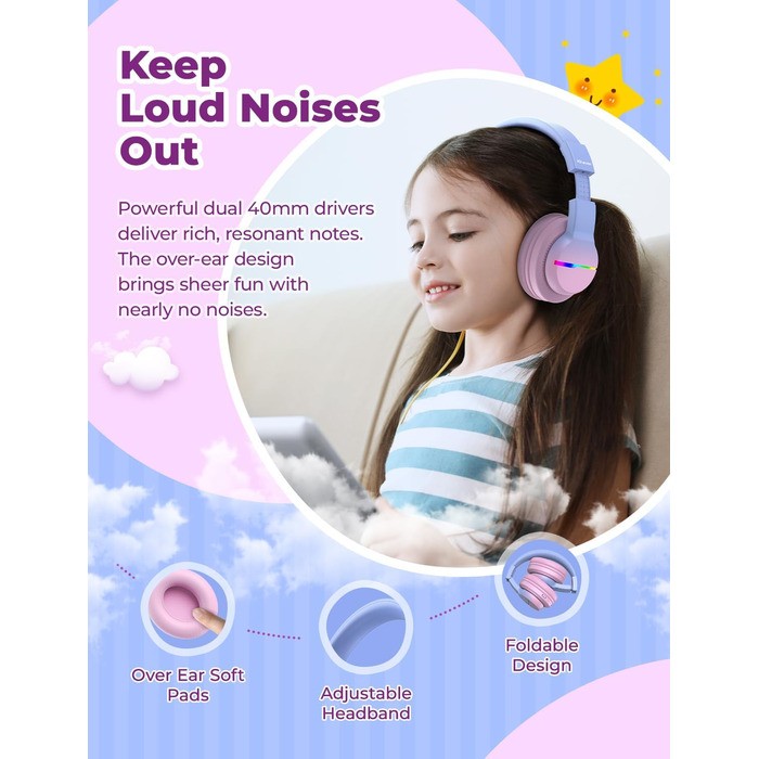 iClever Бездротові навушники для дітей з LED-підсвічуванням, Over-Ear, Bluetooth 5.2, мікрофон, рожевий градієнт, час роботи 85 годин