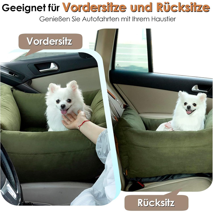 Small & Medium Dog Car Seat - Portable Pet Carrier with Extendable Bed, Washable Travel Dog Bed with Storage Pockets & Safety Belt - Green