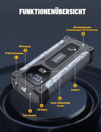 Powerbank для авто SHARMEAL 6000A: пусковий пристрій, 12V, LCD, LED, для бензинових та дизельних авто (до 10.0 л)