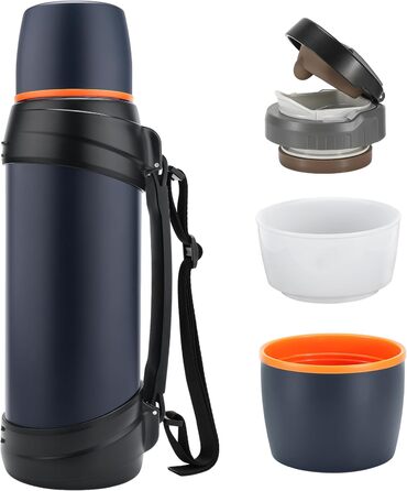 2.5L Thermos Flask/Thermos Jar, Stainless Steel Insulated Flask/Drinking Bottle, Insulated Flask with 2 Drinking Cups, Double-Walled Insulation Camping Water Bottle, 24h Hot & Cold (Dark Blue)