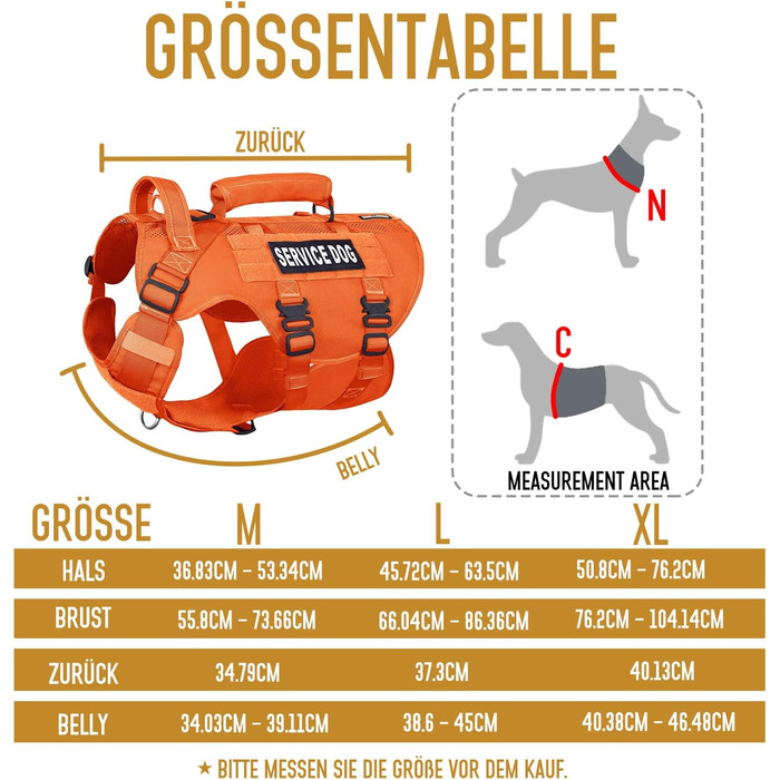Тактичне нашийник для собак, підйомне спорядження для середніх та великих собак, Air Mesh регульований нашийник для службових собак з металевою застібкою 39g для тренувань та прогулянок (Помаранчевий, M(Окружність шиї: 36-53см, Окружність грудей: 56-74см)