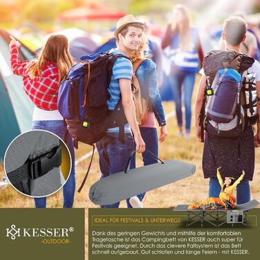 Кемпінгове ліжко KESSER® розкладне, металеве, 190 см, сіре, з сумкою та ліхтарем