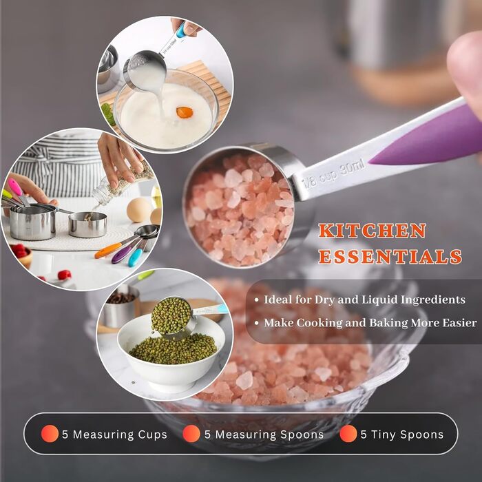 Stainless steel measuring cups and spoons, set of 15 measuring cups, 5 measuring spoons, and 5 small spoons, nesting metal measuring cup set with colorful silicone handles for cooking and baking