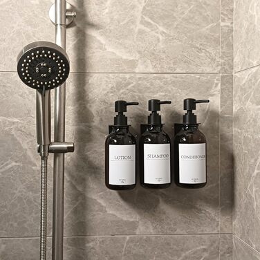 Набір дозаторів для мила та шампуню на стіну, 500 мл, 3 шт. з етикетками, без свердління, для ванної кімнати, янтарно-коричневий, чорний насос