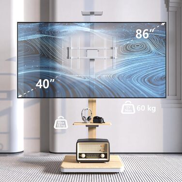 Підставка для телевізора XTRARM Elite: регульована висота, 40-86 дюймів, до 60 кг, нахилена, VESA 600x400, з полицями та розеткою (Біла, Механічна)