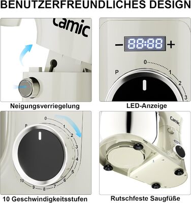 Кухонна машина Camic з 3 насадками (гак, міксер, вінчик), планетарний міксер з LED-дисплеєм, 10 швидкостей, 2 чашами з нержавіючої сталі 4Л та 5Л, для тіста, хліба, піци та тортів (Білий)