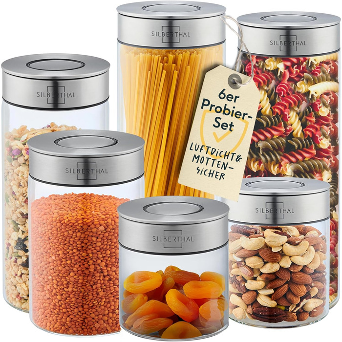 SILBERTHAL Storage Jars with Lids - Set of 6 - Storage Containers for airtight & leak-proof storage in the kitchen - Moth protection and organization