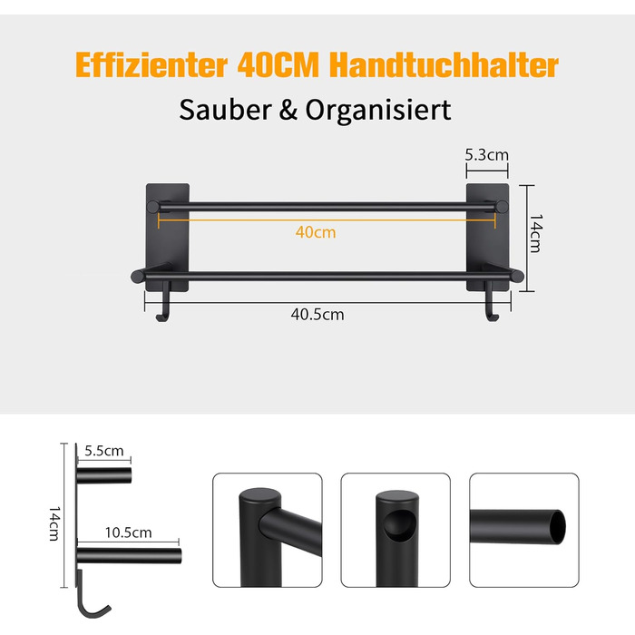 Тримач для рушників без свердління, 60 см, самоклеючий, з гачками, нержавіюча сталь, вологостійкий, для ванної кімнати та кухні (Чорний, 40 см)