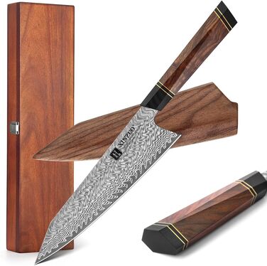 Японський ніж для кухні XINZUO Damaststahl 21.5 см, Kiritsuke, професійний, ручної роботи, з нержавіючої сталі Дамаск, дерев'яний потиск, магнітний чохол, подарункова коробка з акації