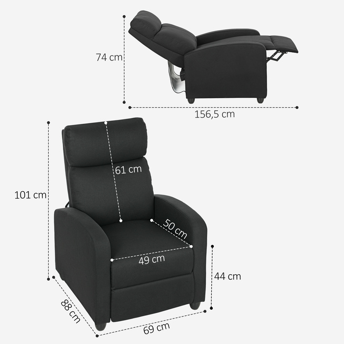 HOMCOM Recliner Chair, Adjustable 135°, Extendable Footrest, Padded Backrest, Linen-Polyester Fabric, Black