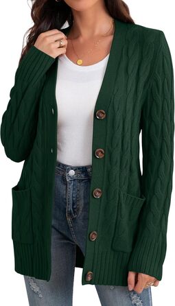 Жіночий в'язаний кардиган GRECEREE з кишенями та ґудзиками, великий розмір, білий (XL, темно-зелений)