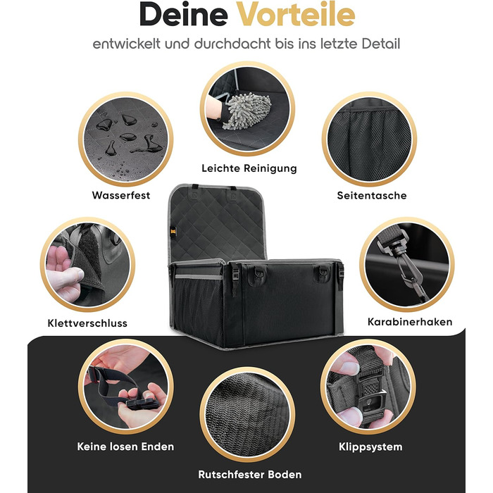 Автокрісло для собак HELDENWERK Extra Stabiler - Водонепроникне, з 5 ременями, для заднього та переднього сидіння (Чорно-сіре, стандартне)