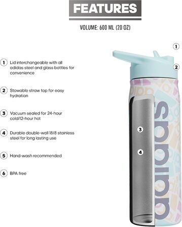 adidas 18/8 Stainless Steel Straw Top Metal Water Bottle, Black/Onix, 600 ml (20 oz) (Adi Multi Collage/Almost Blue/Grey)