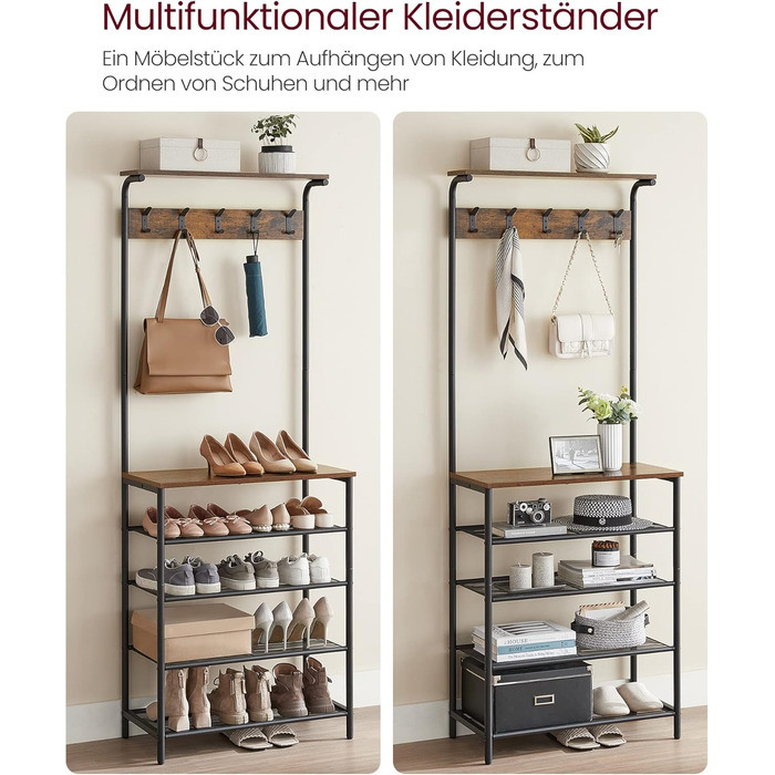 VASAGLE Coat Rack, Clothes Rack, Shoe Shelf, Wardrobe with 5 Double Hooks, 5 Shelves, One Top Shelf, for Apartments, Bedrooms, Hallways, Industrial Design, Vintage Brown-Black HSR408B01 (31.5 x 68 x 183.5 cm)