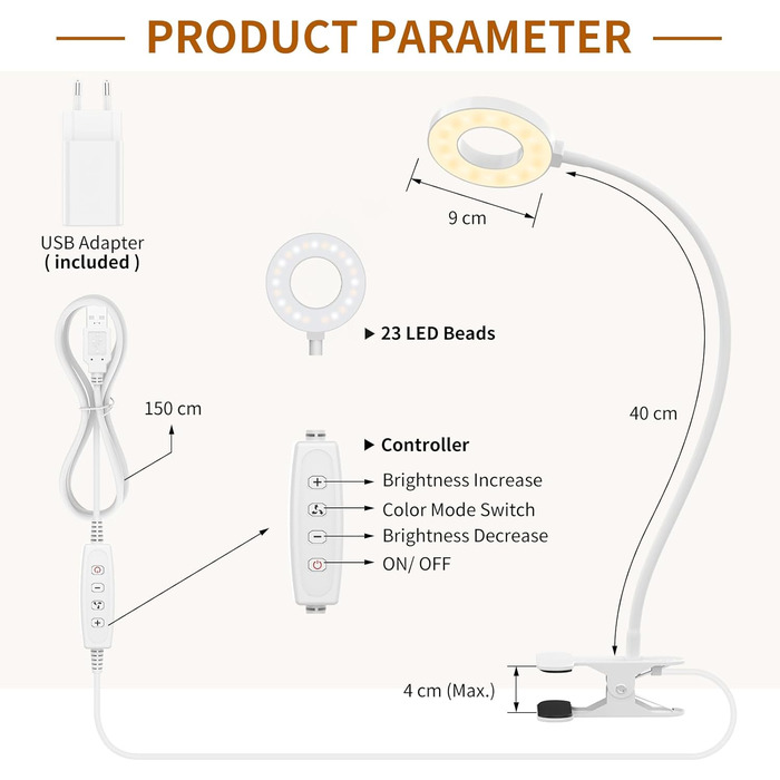 iZELL LED лампа для читання з гнучким 40см штангою, диммер, 3 режими, 10 рівнів яскравості, USB-зарядка, для читання та роботи