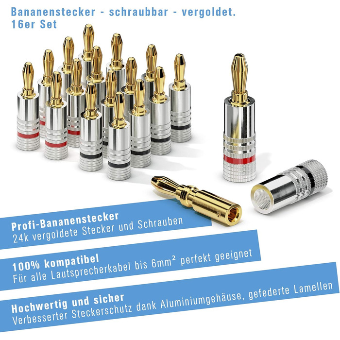 Набір банан-штекерів Sonero S-SC000-16 (16 шт.), 24K Gold, для акустичних кабелів до 6 мм², з кольоровим кодуванням (8x червоний, 8x чорний)