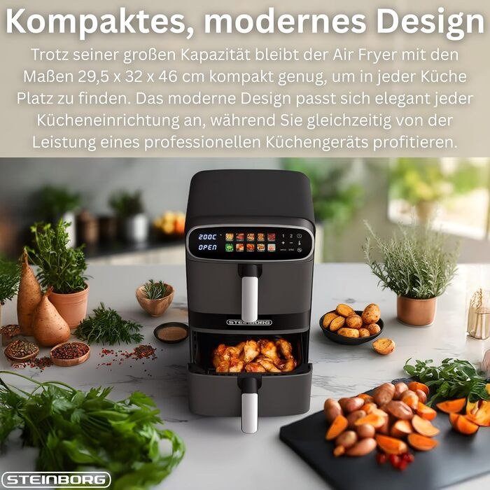 Фритюрниця Steinborg® Heißluft XXL 12 літрів з подвійною камерою, 6+6 літрів, для смаження, запікання, сушіння та грилю без олії