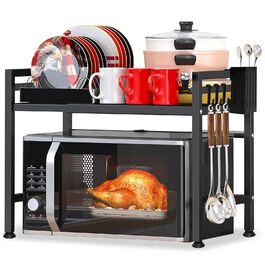 Регульована полиця для мікрохвильової печі, 2-ярусна розширювана кухонна полиця на стільницю, кухонна полиця зі сталі, полиця для мікрохвильової печі з 8 гачками, тримач для кухонного приладдя, чорний