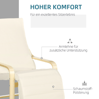 HOMCOM Recliner Chair with Cushion, 5-Position Footrest, Birch Wood Frame, Supports up to 120 kg (265 lbs), 66.5 x 94 x 100 cm (26 x 37 x 39 inches), Cream White