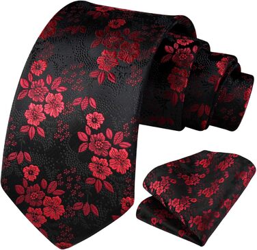 Чоловіча краватка HISDERN 160 см з кишеньковим хустиком. Набір для весілля, бізнесу. Шовкова краватка з квітковим принтом чорного та червоного кольорів.