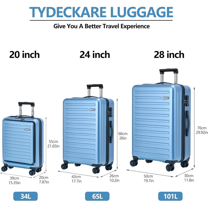 Набір валіз TydeCkare 20/28' (Економ-пакет): 20' ручна валіза з відділенням для ноутбука, 28' велика валіза 101л з ABS+PC корпусом, TSA-замок, Оранжевий (Електро-блакитний, L)