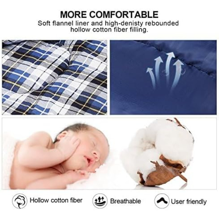 REDCAMP XL Cotton Sleeping Bag - Warm, Detachable Hood, Flannel Comfort, 3-4 Season - Ideal for Adults & Kids, Camping, Fishing, Outdoor Use - Blue (2lbs/3lbs Fill)