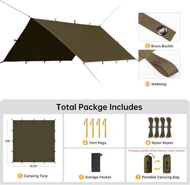 FREE SOLDIER 3x3.2m Waterproof Tarp - Ultralight Tent Shelter for Camping, Hiking & Outdoor Activities (Military Green)