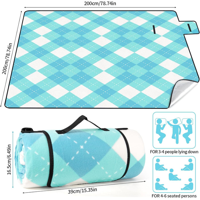 Плед для пікніка CIRULLI 200x200 см, водонепроникний, складаний килимок для пляжу та кемпінгу