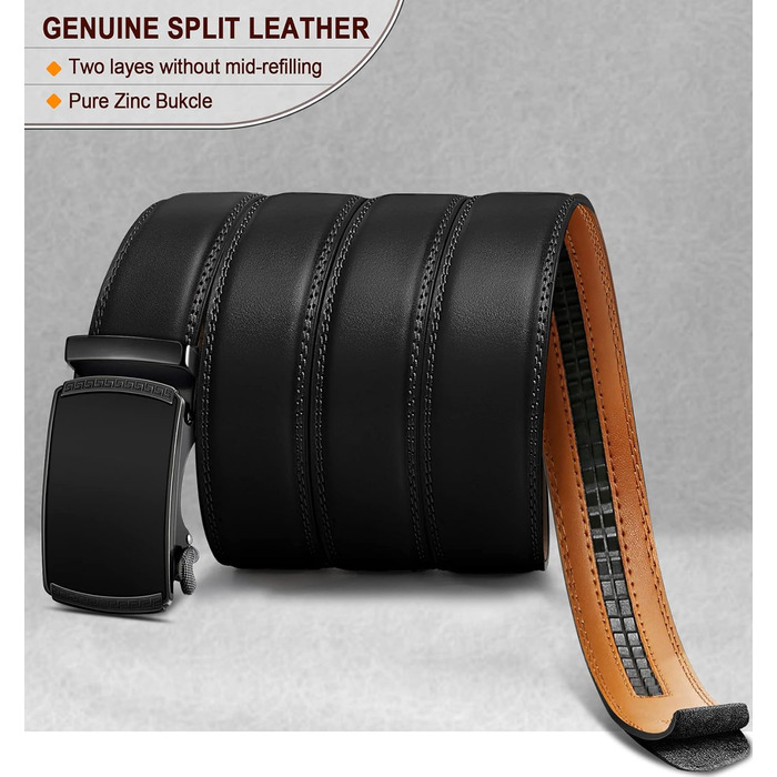 Чоловічий шкіряний ремінь BULLIANT з автоматичною застібкою-разом, ширина 35 мм, регульований розмір (110-140 см), чорний