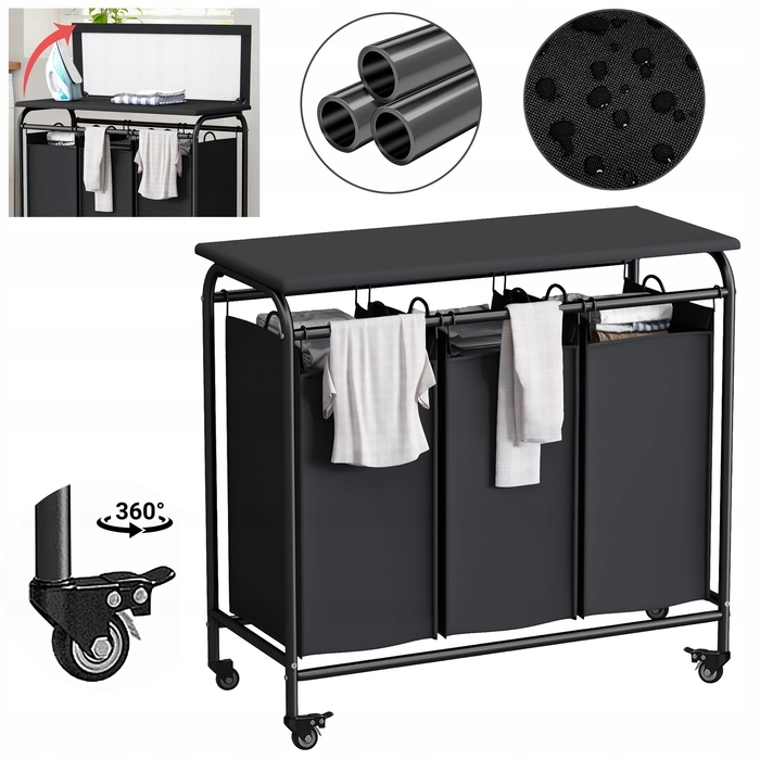 Великий кошик для прання на 3 секції з колесами, 135 л