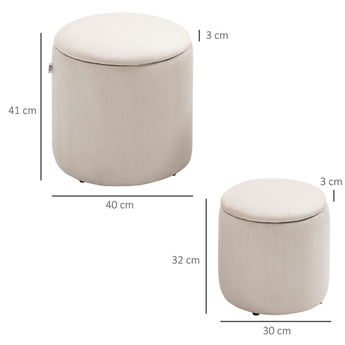 HOMCOM 2-Pack Storage Ottomans with Lid - Footstools with Removable Cover in Corduroy-Look Cream White 40 x 40 x 41 cm | Aosom
