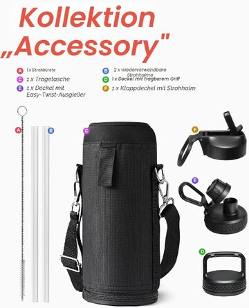 Термофляга Coolflask 1180 мл з трубою та 3 кришками, вакуумна металева пляшка для води для спорту та офісу, чорна