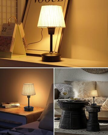 Акумуляторна настільна лампа: портативна, бездротова з димером, для дому та саду, з абажуром з льону, антична металева біла, з смугастим абажуром (чорно-білий)